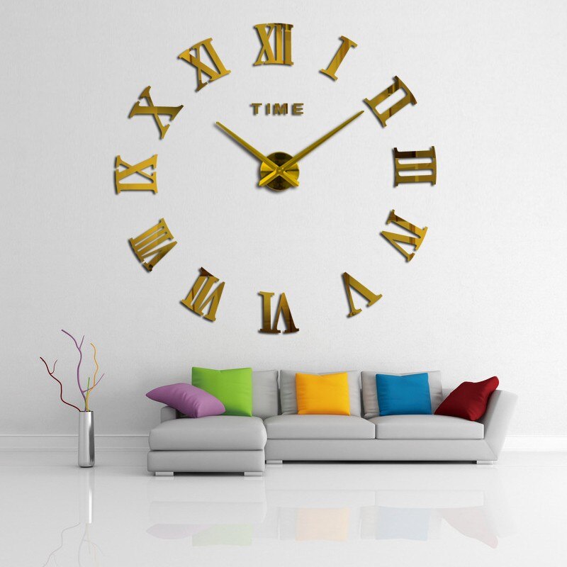 Grande horloge murale 3D auto-adhésive, miroir acrylique, grand autocollant, moderne, chiffres romains, horloge, décoration de maison, bricolage: Or / 47 Inch