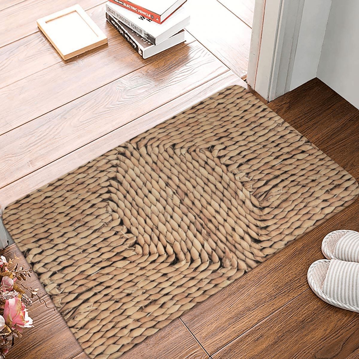 Felpudo mediterráneo de mimbre, Alfombra de poliéster, antideslizante, para entrada, cocina, dormitorio, balcón, dibujos animados