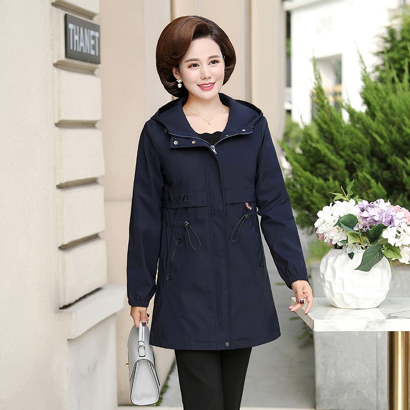 Printemps automne mère veste moyen-âge femmes décontracté à capuche manteau mi-long grande taille femme coupe-vent 5XL W2099
