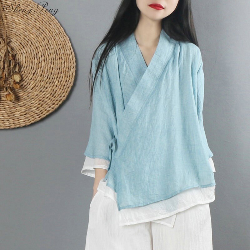 Nueva camisa de lino para mujer, top de estilo chino tradicional, blusas de lino de color sólido, ropa oriental V1475