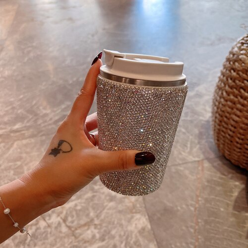 Luxe Diamanten Bezaaid Koffie Mok 380Ml Rvs Tumbler Auto Vacuüm Water Fles Draagbare Reizen Kawaii Fles Melk mok: Default Title