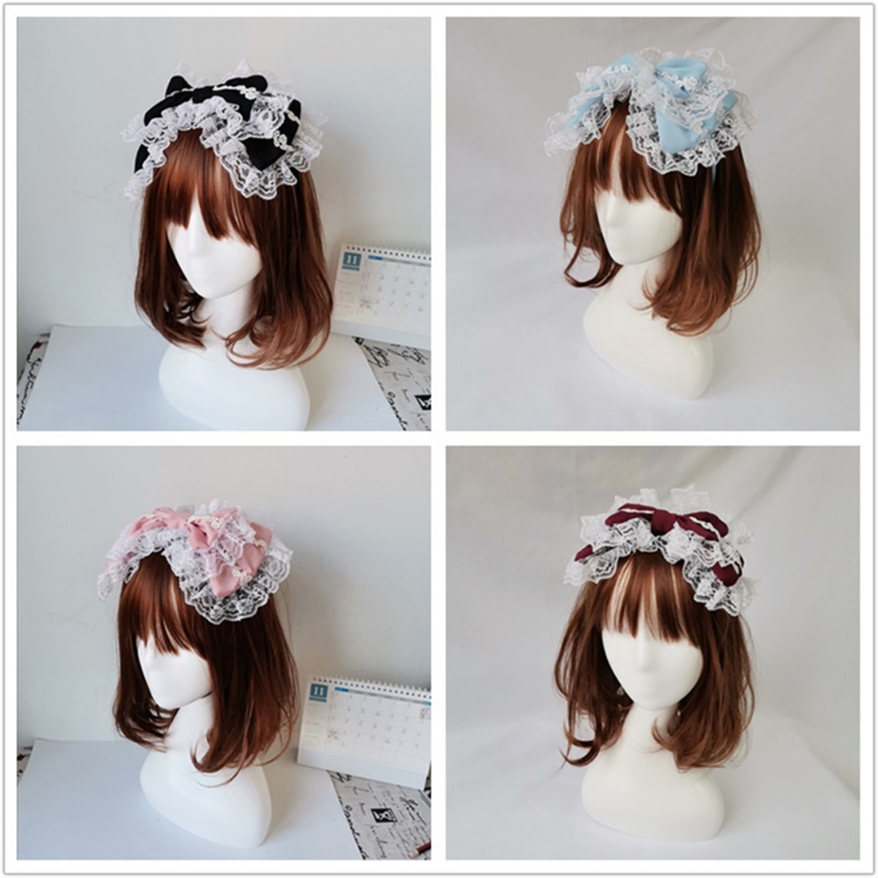Lovely Sweet Hairband Maid Cosplay Headband Ruffled Lace Headwear Handmade Double Layer Bowknot Hair Accessory