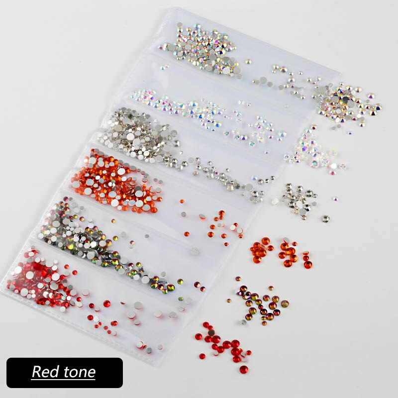 1380pcs Partitie Gemengde Size Glass Nail Strass 6 kleur Kristal Mix Maten Steentjes Voor Nagels Decoraties Strass: Red tone