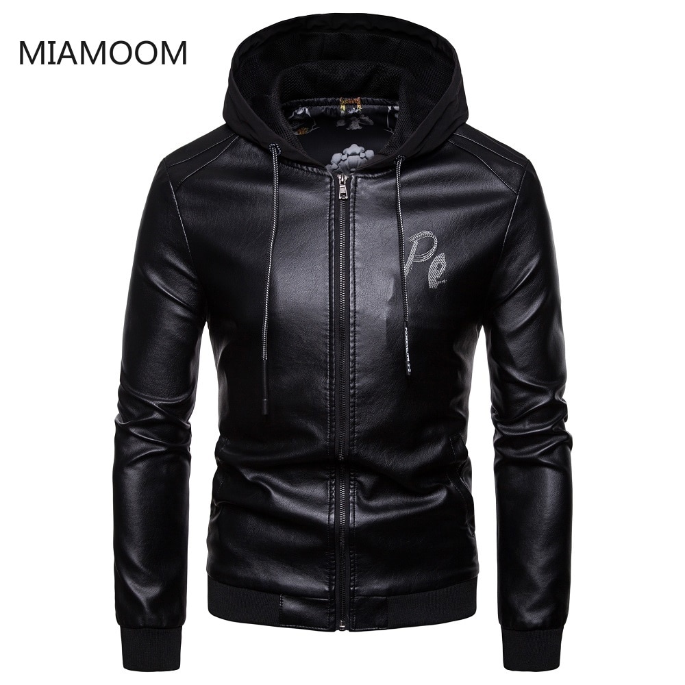 Men Leather Jacket Motorcycle Slim Leather Coat Men's British Style Hooded Leather Coat