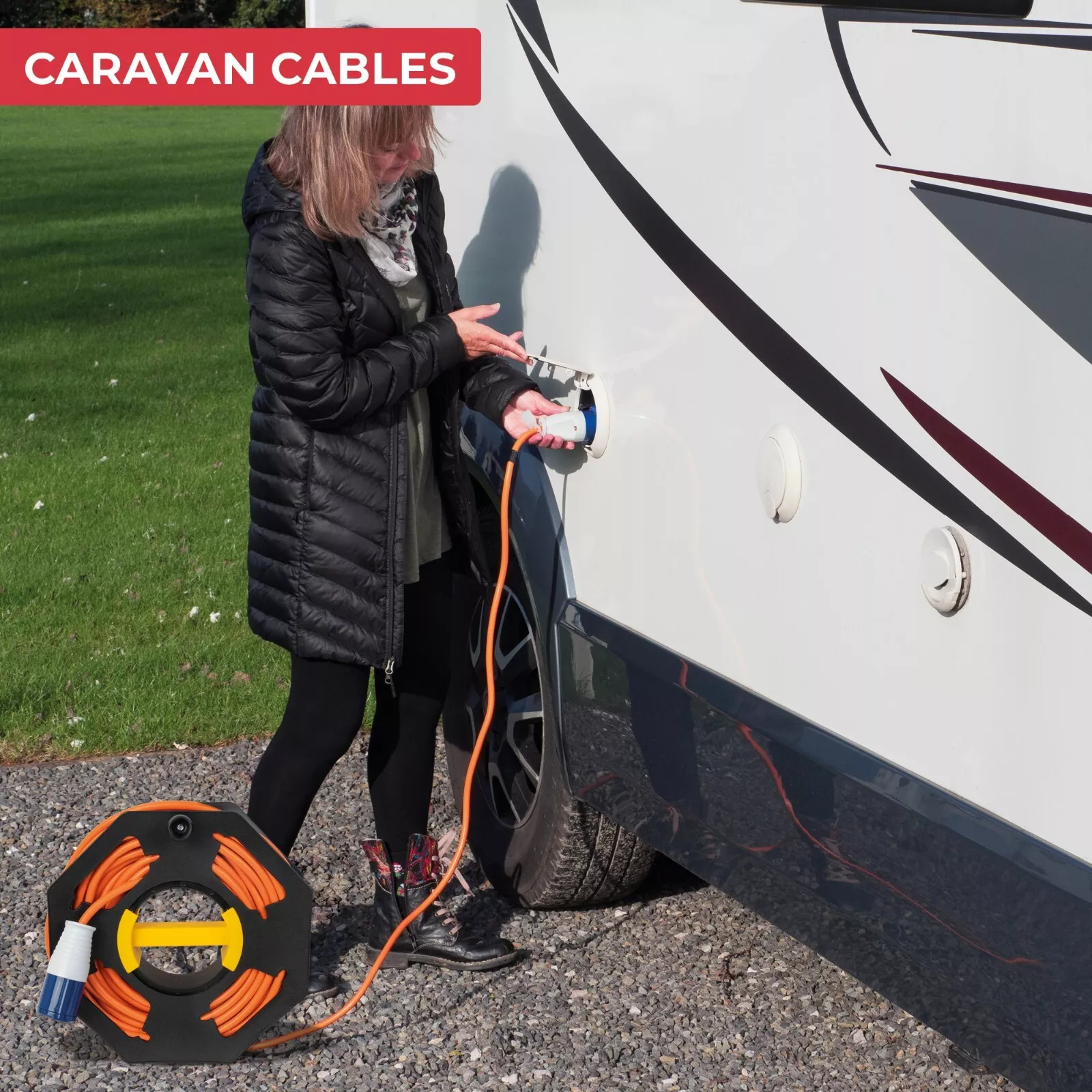 RV Cable Tidy Reel 25M Mains Wire Hook Up Lead Extension Holder Storage For Camper Caravan Motorhome