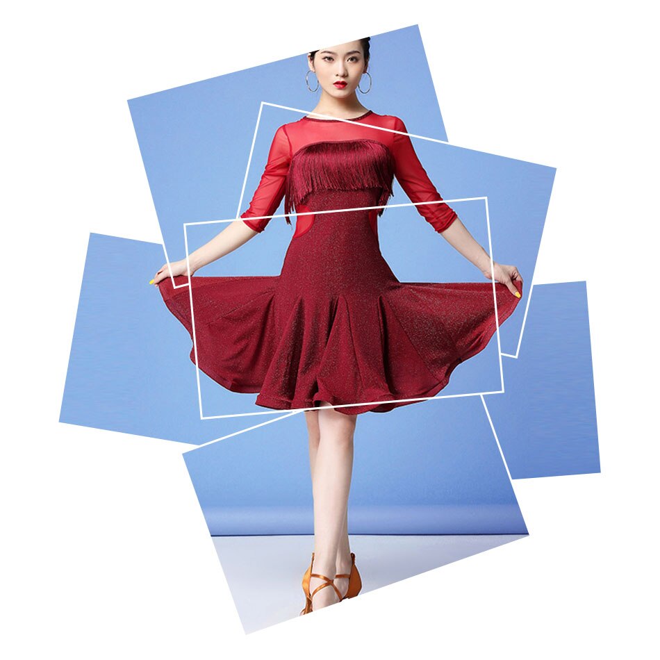 Fringe Latin Dance Dress Women Long Sleeve Tassel Dress for Ballroom Samba Tango Chacha Belly Dancing Performamnce L53