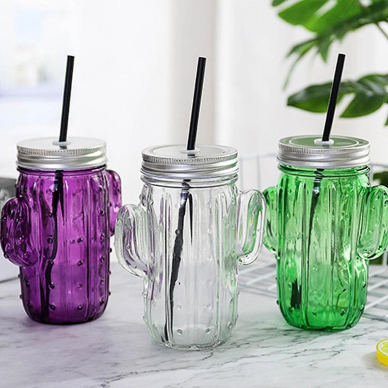 ¡Novedad de ! vaso de agua pequeño con forma de Cactus, Pajita de cristal, vaso de agua para el verano, para el hogar, zumo, bebida fría, vaso de albañil