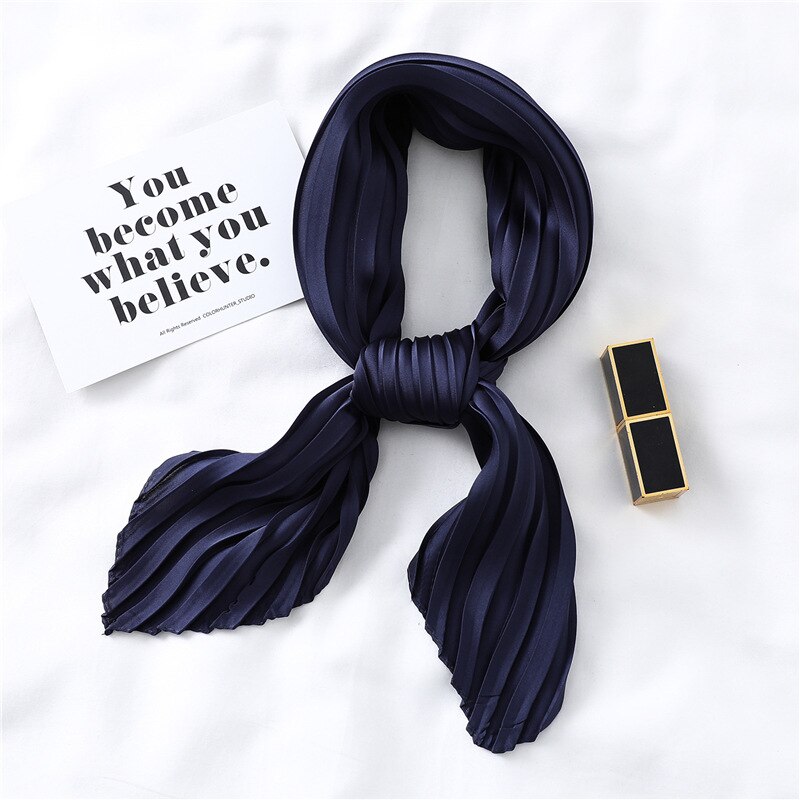 Solid Zwart Wit Roze Kleine Vierkante Twill Zijde Satijn Sjaal Vrouwen Dames Crinkle Haar Hoofdband Sjaals 70cm * 70Cm: YZ44Navy