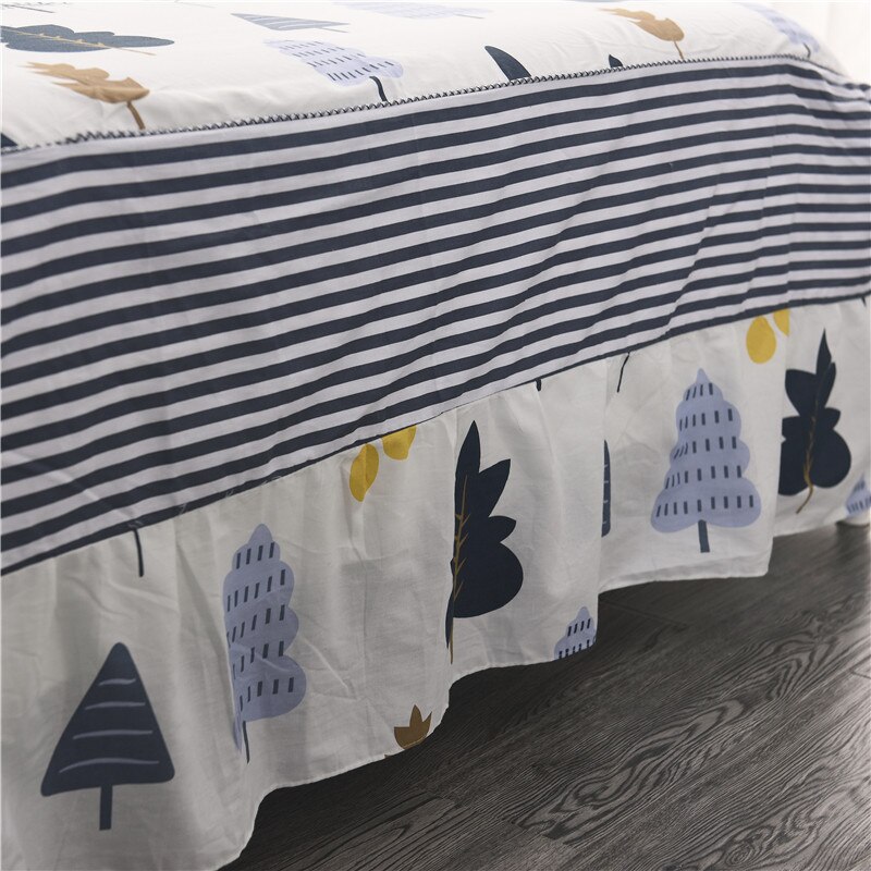 Witte streep Cartoon forest100 % katoen Bed rok Bloemen en vogels print sprei twin volledige koningin schattige postaral prinses stijl