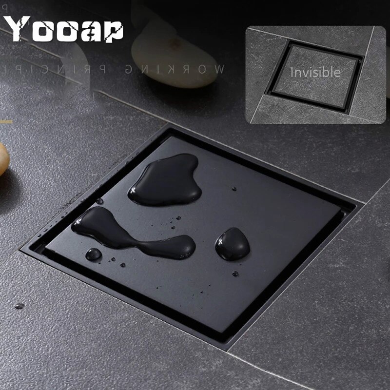 Yooap preto fosco quadrado invisível dreno de assoalho do banheiro resíduos grelha 10x10cm dreno de chuveiro dreno de assoalho preto telha inserção dreno