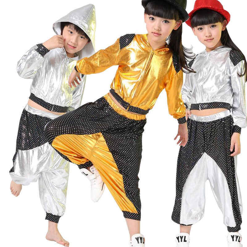 Mädchen Jungen Gold Silber Ballsaal Jazz Hüfte hüpfen tanzen Wettbewerb Kostüm Art Kleidung Kleidung Hoodie Shirt oben Hosen Tanzen Tragen
