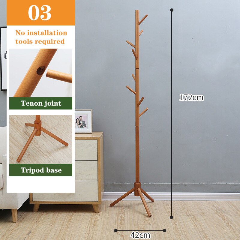 Solid Wood Coat Rack, Floor-to-Ceiling Bedroom Hanger, Single Pole Vertical Clothes Rack, Home Office Simple Hanging: 03