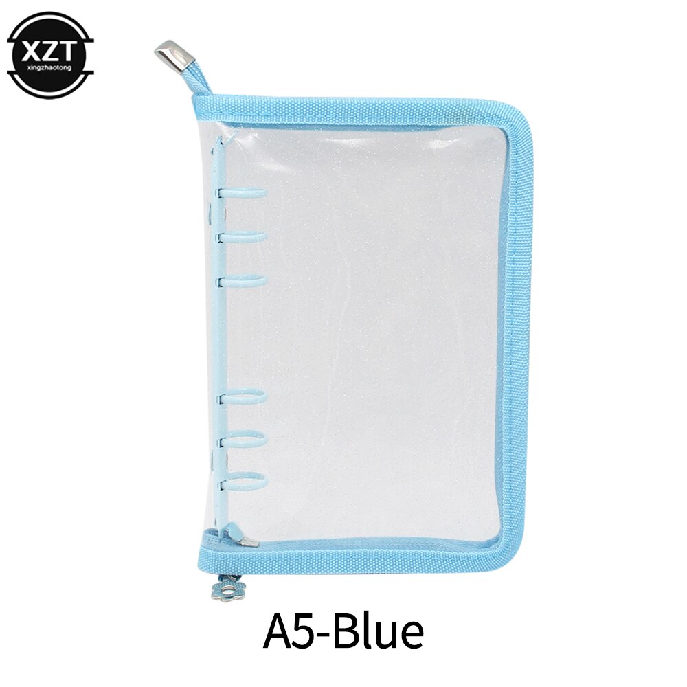 A5 A6 Loose-Leaf Notebook Cover Glitter Zipper PVC Notebook Korean Stationery Diary 6 Hole Binder Clip Notebook Office Planner: A5-BLUE