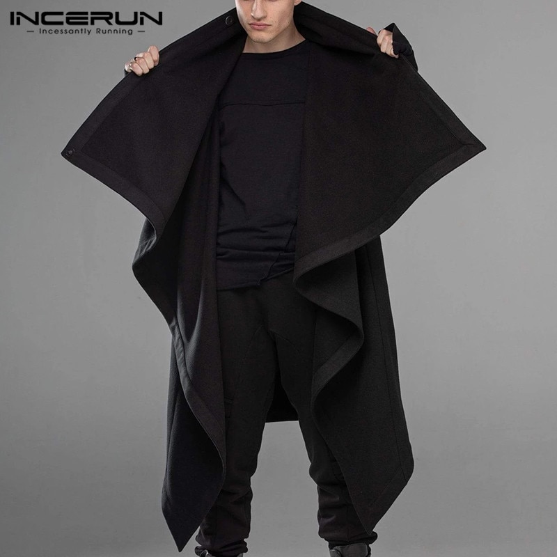 Incerun Mannen Mantel Jassen Coltrui Solid Lange Mouwen Streetwear Casual Mannen Cape Bovenkleding Punk Stijl Onregelmatige Zoom Jassen S-5XL