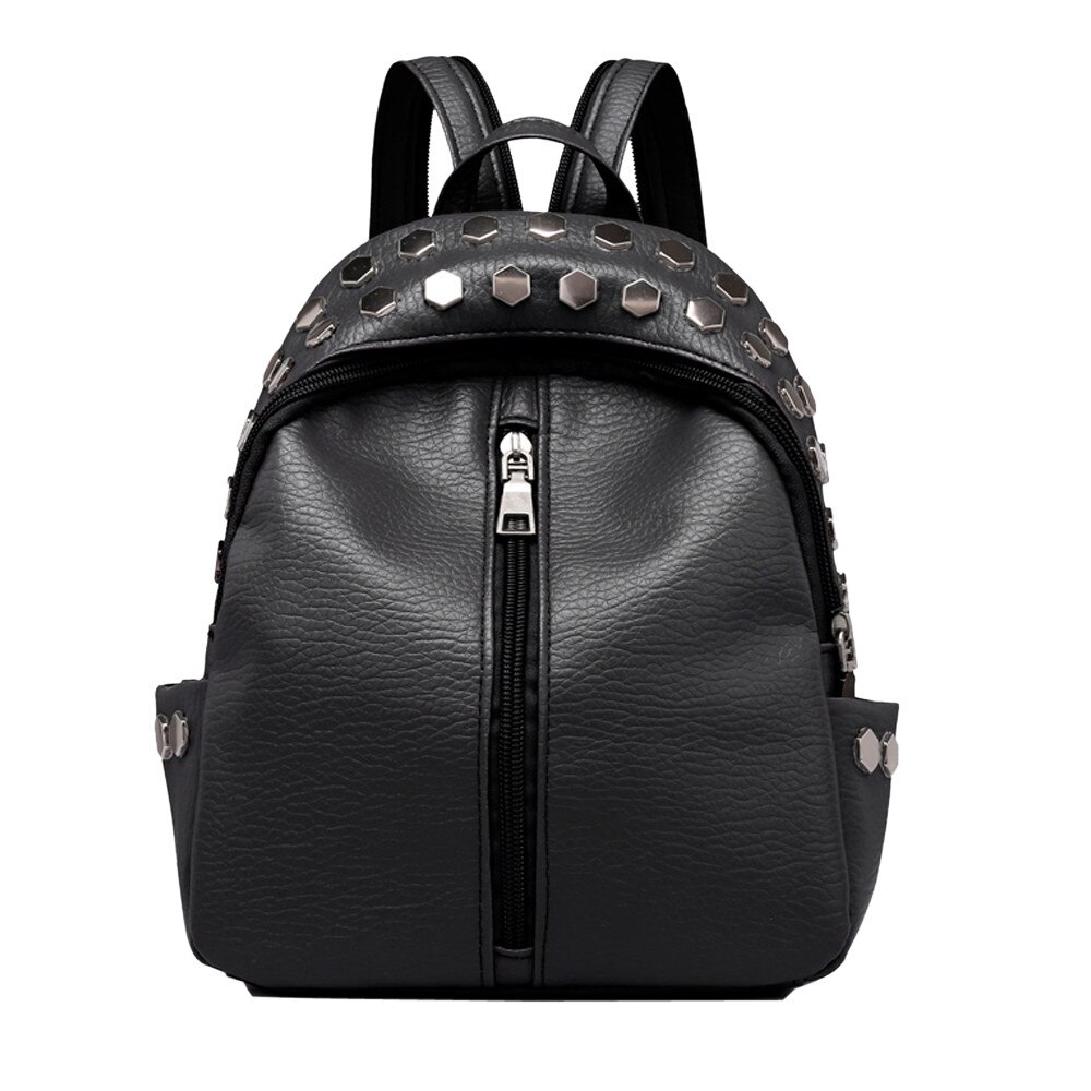 38 Mochila de cuero para mujer, Mochila de cuero con tachuelas Vintage para mujer, mochila escolar de viaje, mochila de gran capacidad para viaje: Black