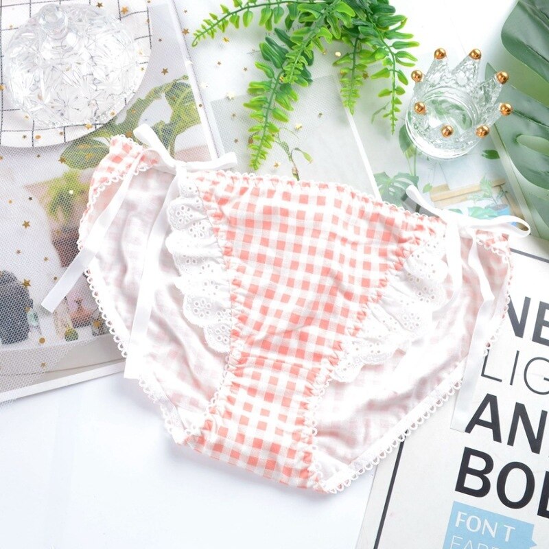 Bragas de algodón de Lolita para mujer, ropa interior Sexy de encaje de estilo japonés, ropa interior de entramado de lazo de cintura baja