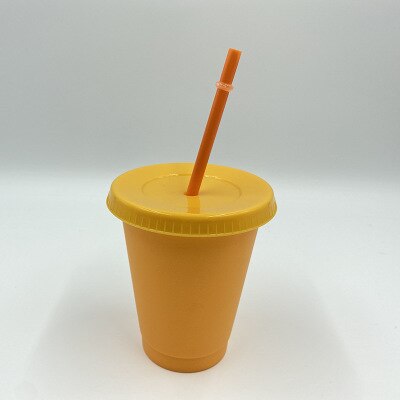 Color Changing Cold Drink Cups Reusable Temperature-Sensitive Plastic Colorful Coffee Cup with Lids and Straws: 480ml Orange