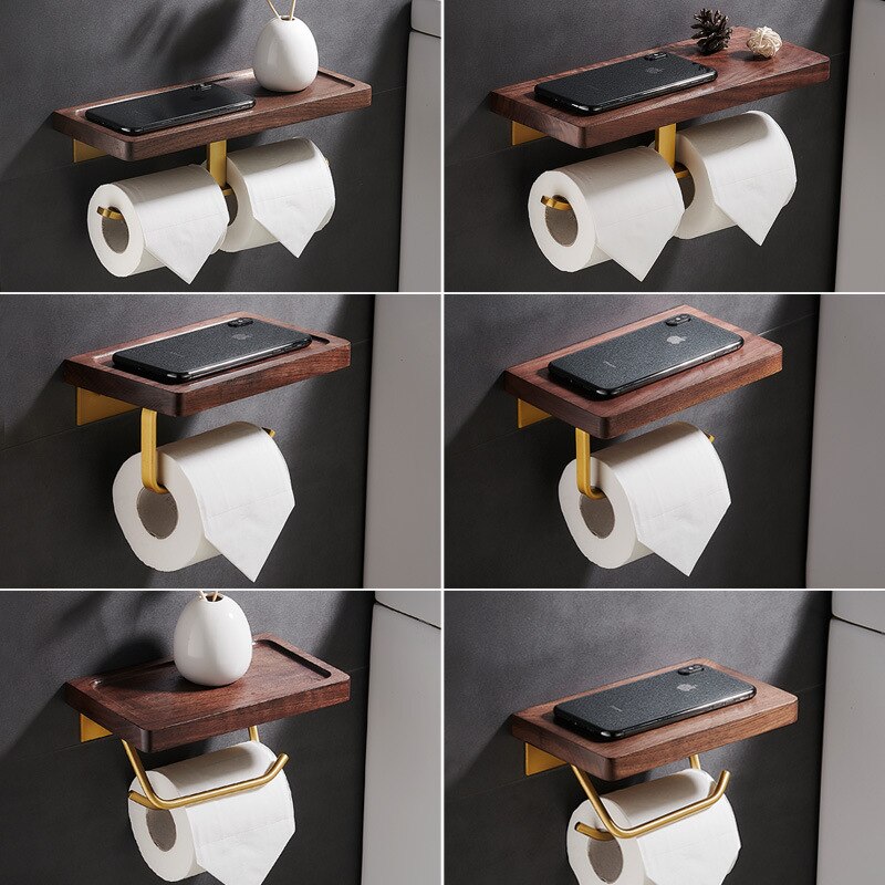 Bathroom Accessories Paper Holder Gold and Walnut Wood Paper Towel Holder Tissue Rack Toilet Paper Holder Phone Holder
