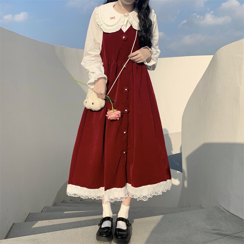 Japanese Style Dress for Women Autumn and Winter Small Sweet Gentle Cute Fairy Suspender Dress Mori Style Retro Long Dress: red sleeveless