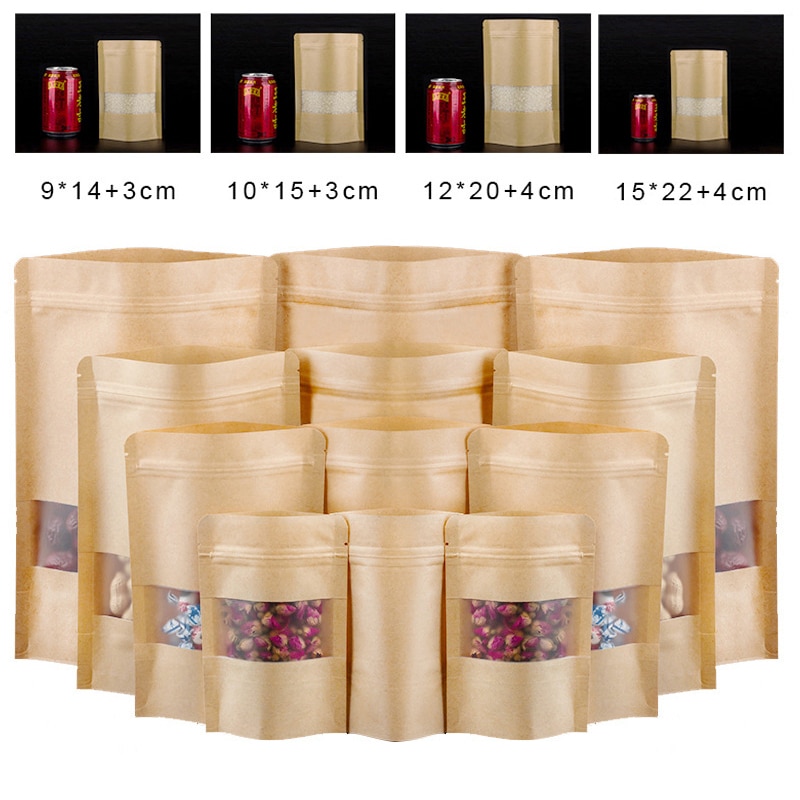 100pcs/set Packing Zip lock Kraft Paper Window Bag Stand up Dried Food Fruit Tea packaging Pouches Zipper Self Sealing Bags