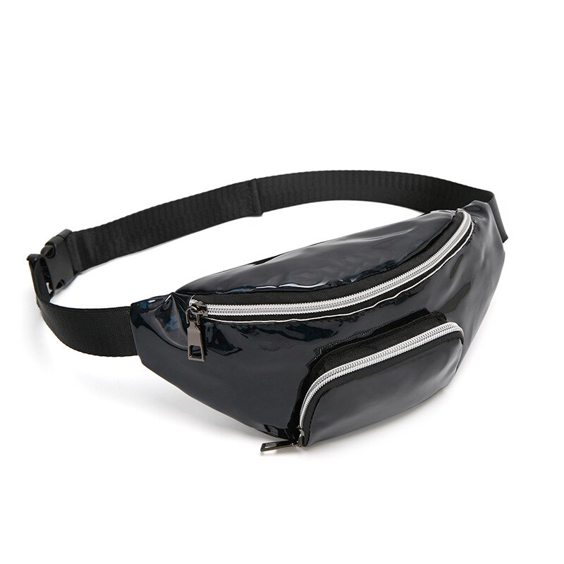 Fanny pack women PU leather waist bag sequins shoulder messenger chest bag coin belt purse phone bag key pouch: Black2