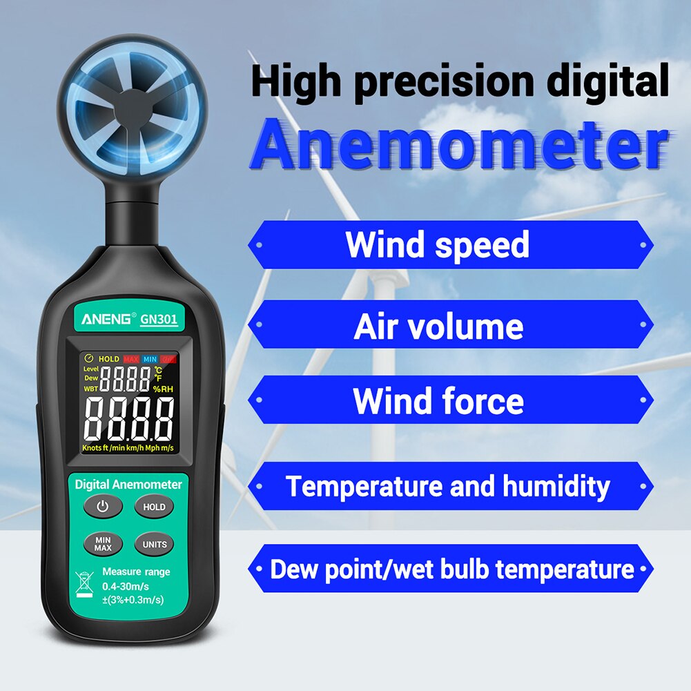 GN301 Digitale Anemometer 0-30 M/s Wind Meter -10 ~ 45C Temperatuur Tester Anemometro Met Lcd Backlight display