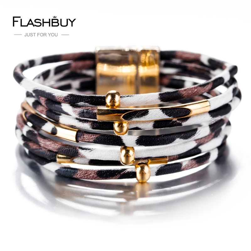 Flashbuy Luipaard Lederen Armbanden Voor Vrouwen Armbanden & Bangles Multilayer Wide Wrap Armband Sieraden