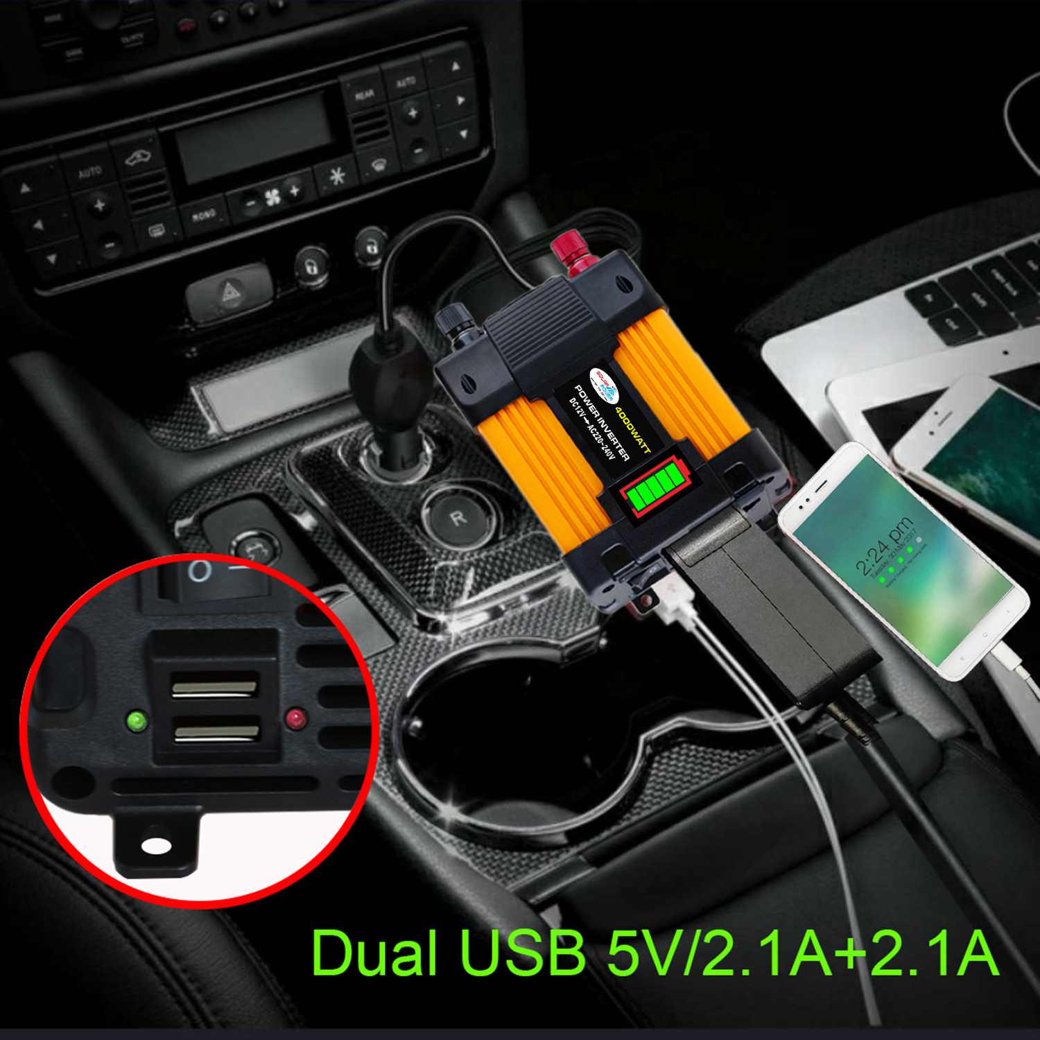 Transformador de voltaje de 1000W 12V a 110/220V, inversor de potencia de ondas sinusoidales modificado cc 12v a AC 110V/220V convertidor + 2 USB