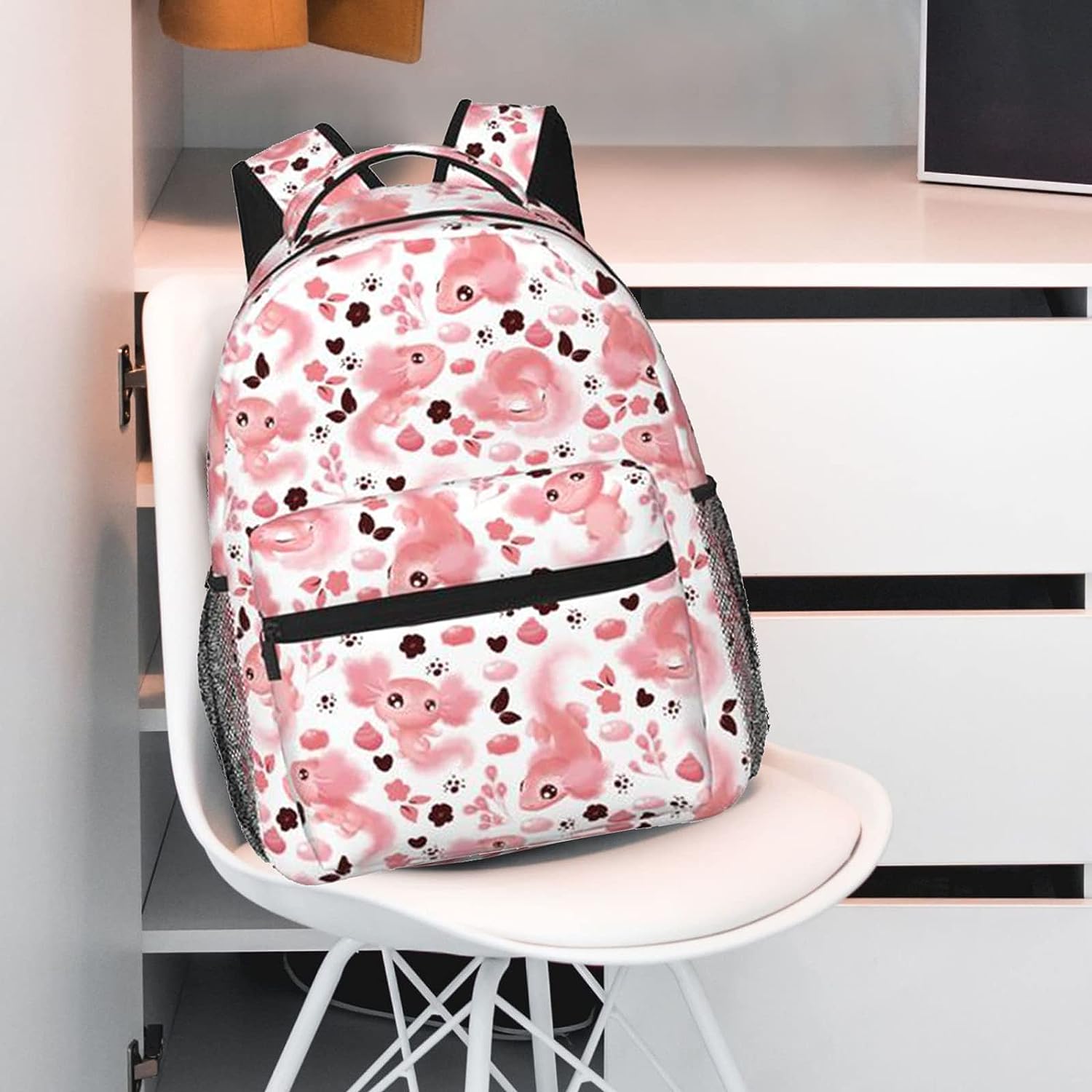 Cute Axolotl Backpack Laptop Backpack Lightweight Backpack Casual Daypack With Adjustable Straps.Cute Pink Axolotl