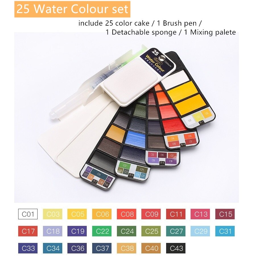 Overlegen vandfarve solid maling pigment sæt bærbar 18/25/33/42 farve tegning maleri kunst med blomstrende pensel pen  a6151: 25 hovedfarvesæt