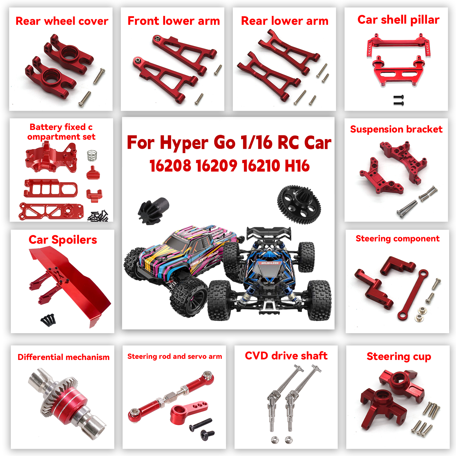 MJX Hyper Go 16207 16208 16209 16210 H16 RC coche copa de dirección de Metal juego de brazo oscilante superior e inferior soporte de torre de choque piezas de mejora