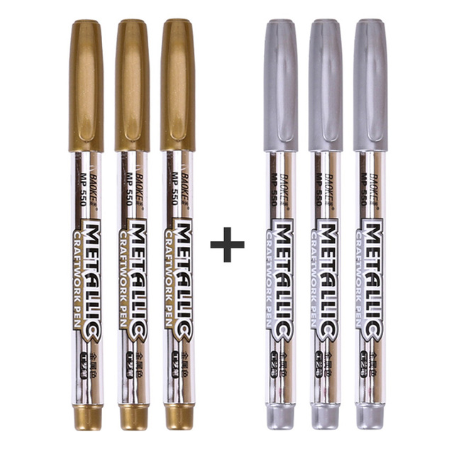 Baoke-rotuladores multiusos de Metal para manualidades, rotuladores de pintura permanente a prueba de agua, suministros de arte para estudiantes, 1,5mm, 6 colores: 3pc gold 3pc silver