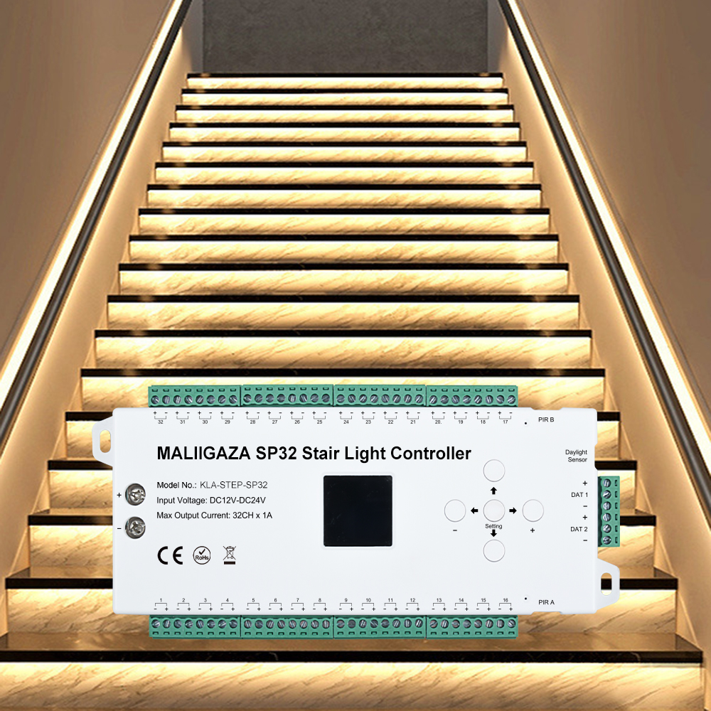 Controlador LED de escalera con Sensor de movimiento, tira de luces LED de paso de escalera de 12V y 24V, tira de luces de píxeles laterales, iluminación de escalera interior de 1-32 pasos