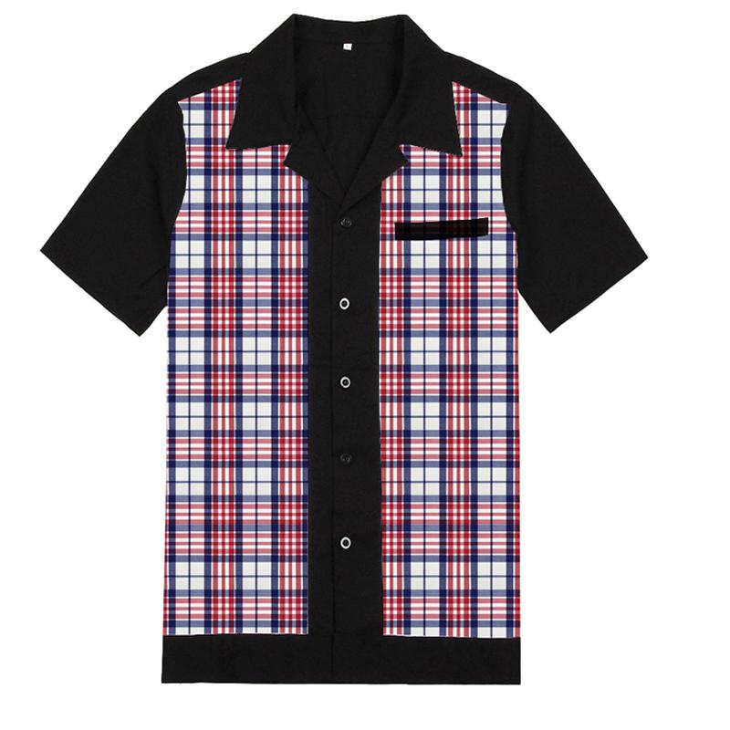 50s rockabilly skjortor män vintage punk rave skjortor kort ärm pläd tryckt rullande rock skjorta casual hip hop klänning skjortor män: Röd rutig skjorta / Xl