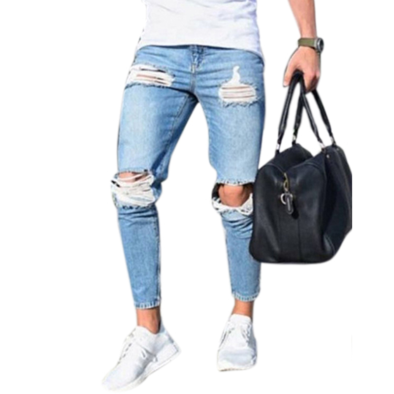 Streetwear Heren Jeans Stretch Vernietigd Ripped Mode Potlood Broek Rits Skinny Jeans Voor Mannen