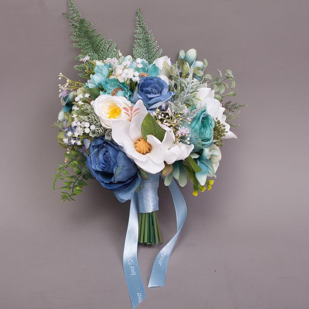 JaneVini Elegante Land Stijl Blauw Bruids Zijde Rozen Bruidsboeketten Ramos Flores Kunstbloemen Buket voor Bruiloft: Default Title