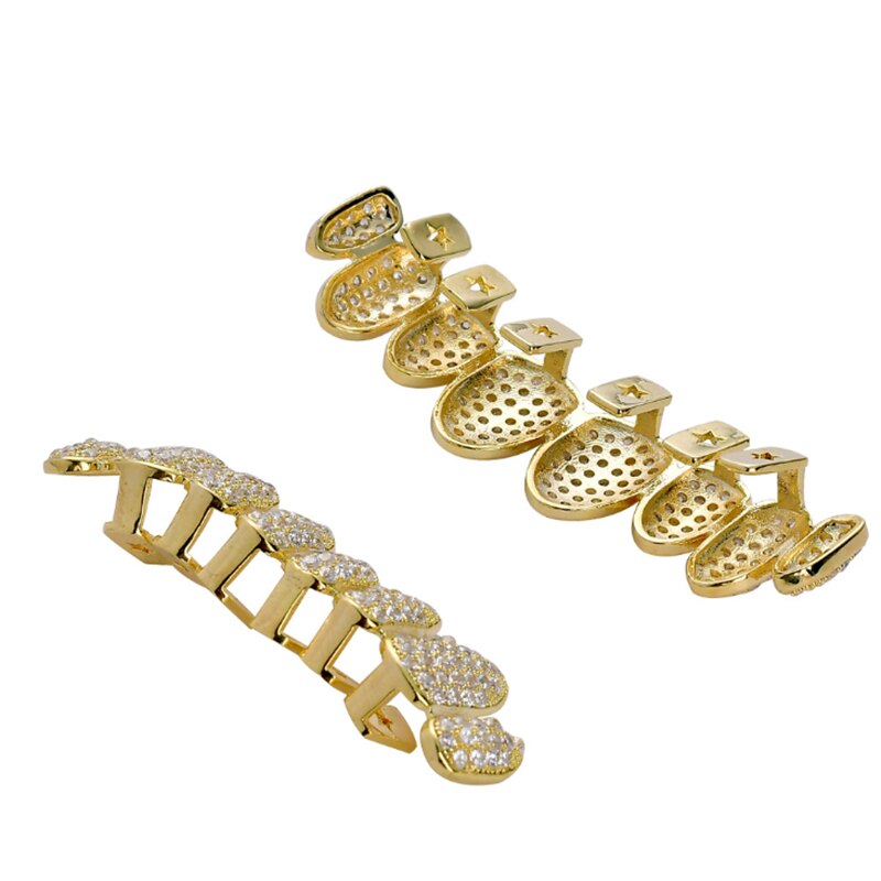 Hip Hop Iced Out Aaa Kubieke Zirkoon Crystal Tanden Caps Fang Top &amp; Bottom Grill Set Rapper Sieraden