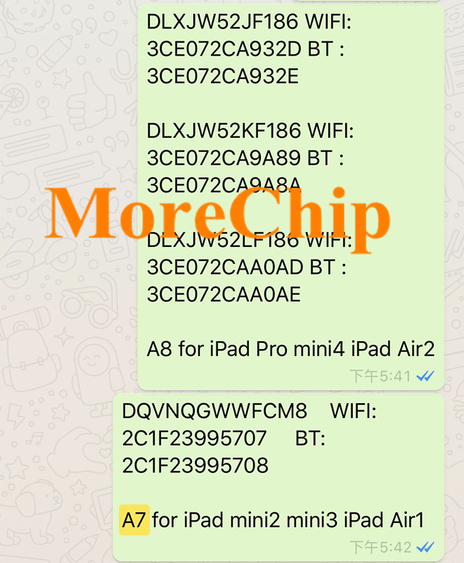 A7 A7X serie + WiFi + BT servicio iCloud desbloquear para iIPad 5/Air1/Mini2/Mini3 Mac- WiFi BT dirección A1474 1475, 1489, 1490, 1599, 1600