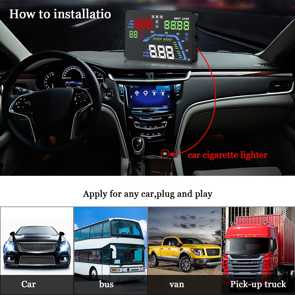Q7 inch auto hud gps head-up display universele snelheidsmeters waarschuwing 5.5 te hoge snelheid dashboard voorruit projector