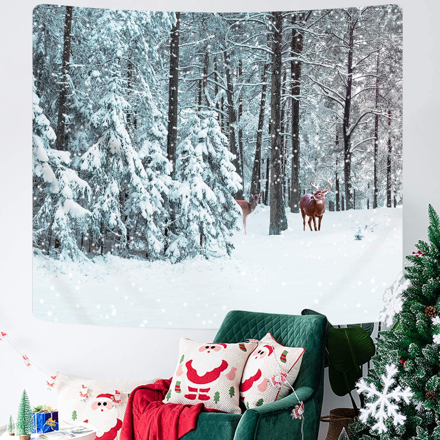 Merry Christmas Tapestry Deer Wall Tapestry Snow Forest Woodland Winter Nature Landscape Tapestries For Xmas Home Decoration
