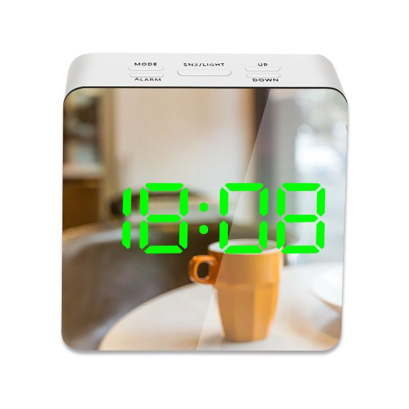 LED Mirror Alarm Clock Digital Table Clock Snooze Night Display Large Time Temperature Display For Home Office Decoration Clock: Square Green