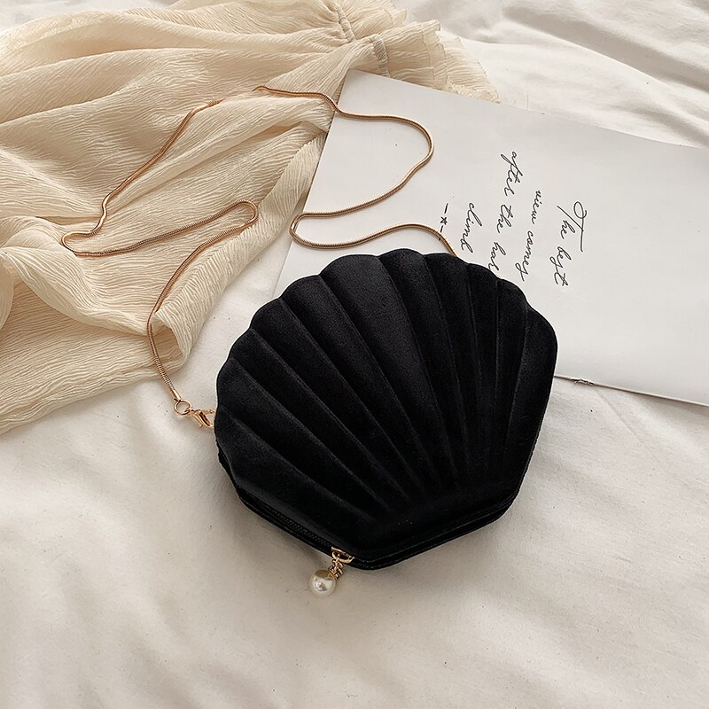 Sweet lady shell crossbody bag sammet damhandväska kedja axelväska: Svart