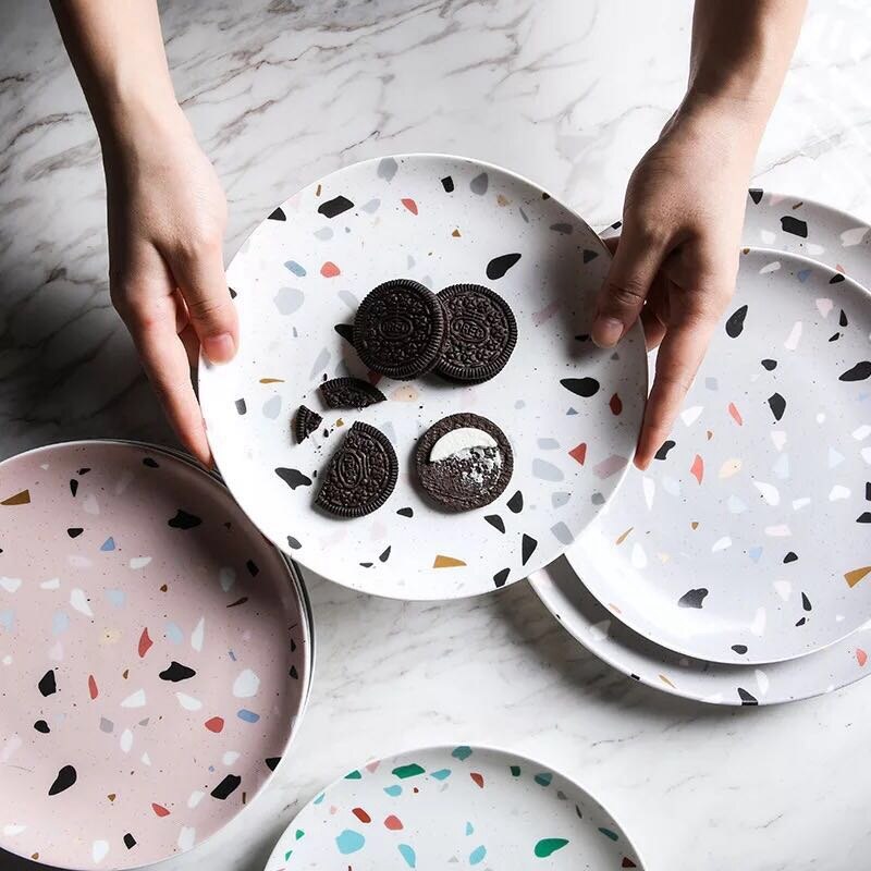 Service de vaisselle lave-vaisselle four à micro-ondes | Ensemble d'assiettes de table de peinture Terrazzo de 8/10 pouces, directe