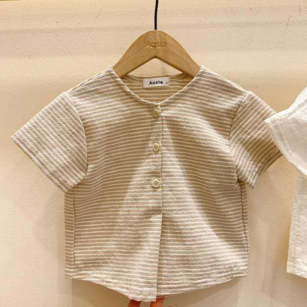 Korean children's clothing ins children's men and women treasure summer breathable cotton and linen shirt short-sleeved