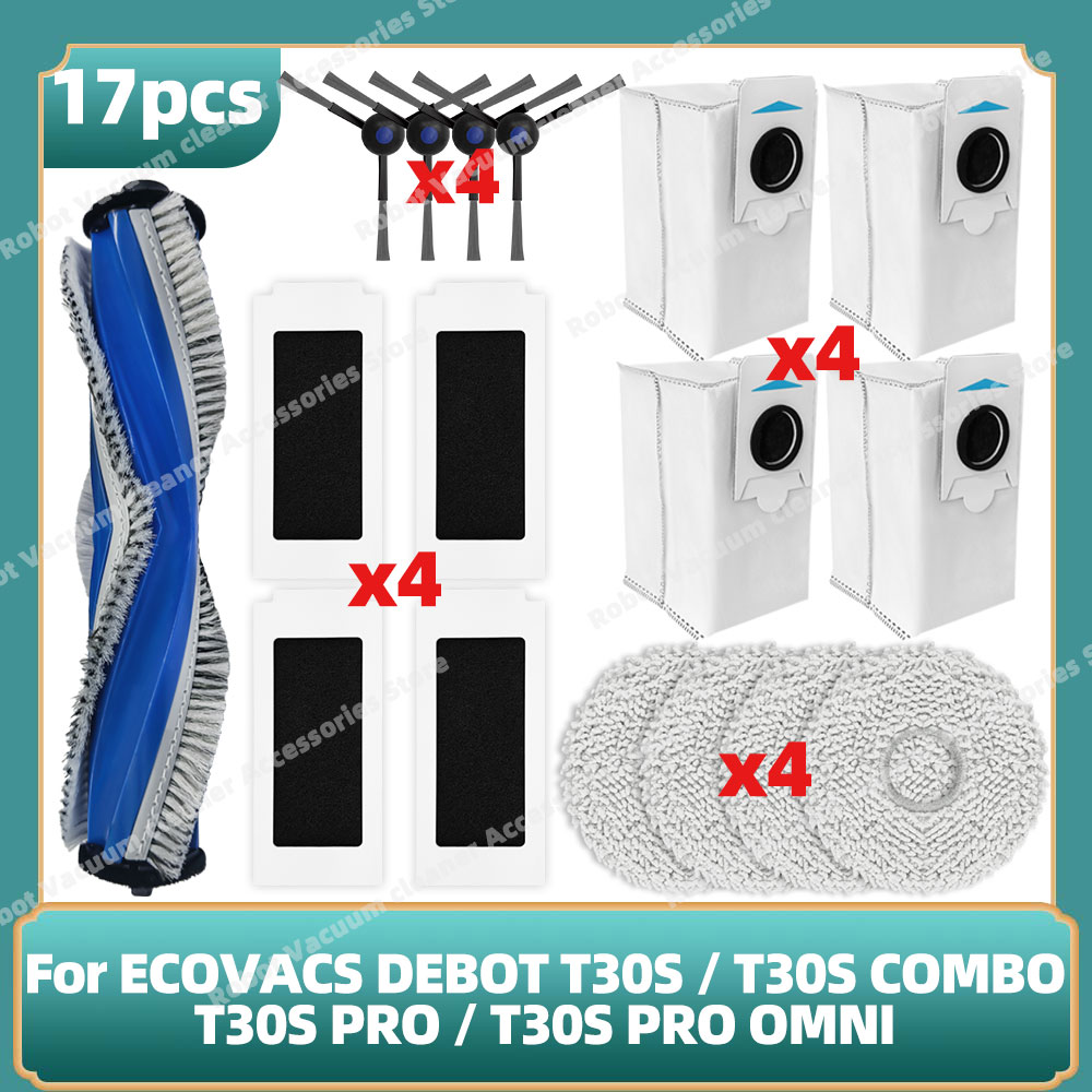 Compatibile per ECOVACS DEBOT T30S / T30S COMBO / T30S pro / T30S pro OMNI / T30S AI Parti Principale Spazzola Laterale Filtro Mocio Sacchetto per la Polvere: bianca