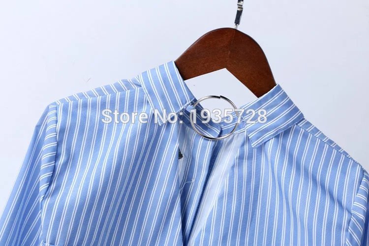 In Boutique Womens Tops Blue Striped Floral Flower Embroidered Blouse Shirt With Ring Neck Trim Detail