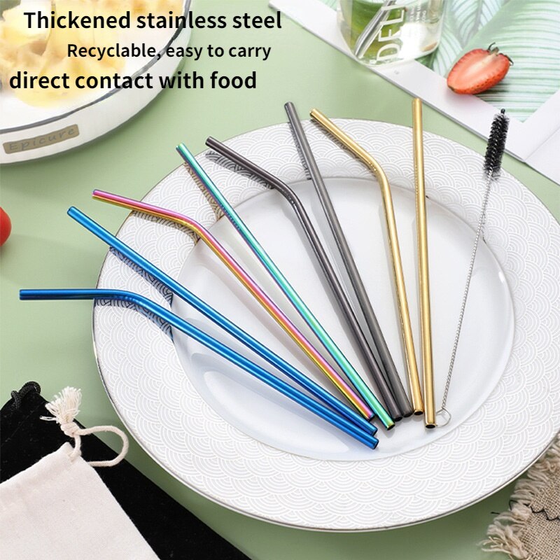Food Grade Eco-Friendly 304 Stainless Steel Metal Straw Set with Cleaning Brush Convenient Party Milk Tea Drink Straw Reusable