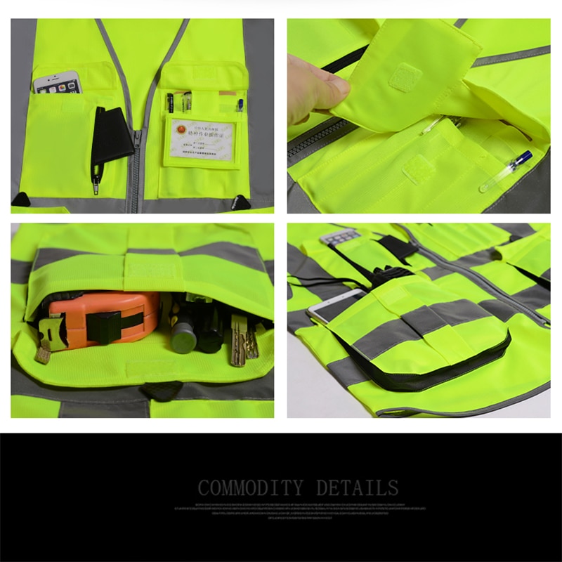 High visibility reflective safety vest work reflective vest multi pockets workwear safety waistcoat men safety vest