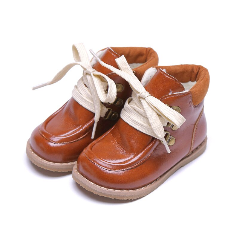 ULKNN Children's Boots Autumn Winter Baby Outdoor Shoes PU Leather Warm Girls Princess Shoes Comfortable Low Anti slip: Brown / EUR 23 Insole 15cm