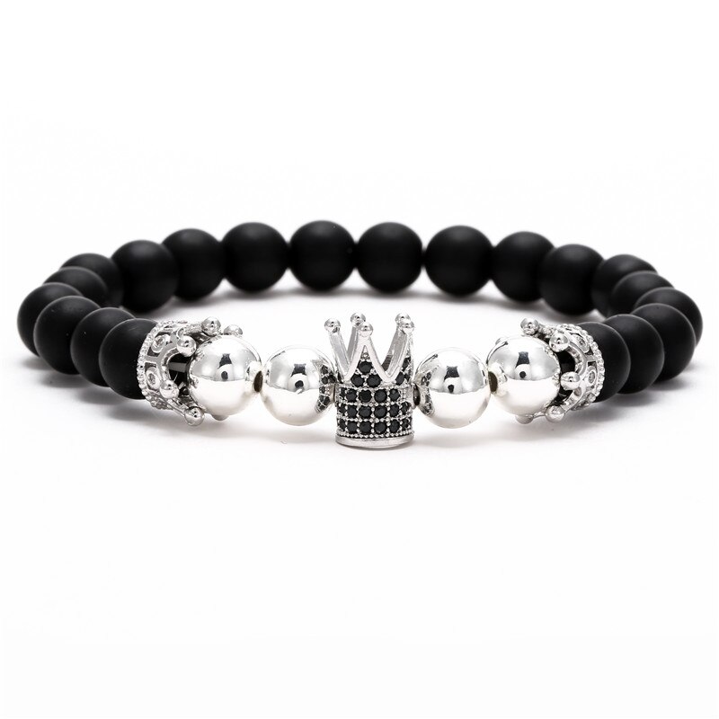 Pulsera de cobre hecha a mano para hombre y mujer, Micro CZ King crown, cuentas elásticas de 8mm, brazalete de joyería,: BD1002S